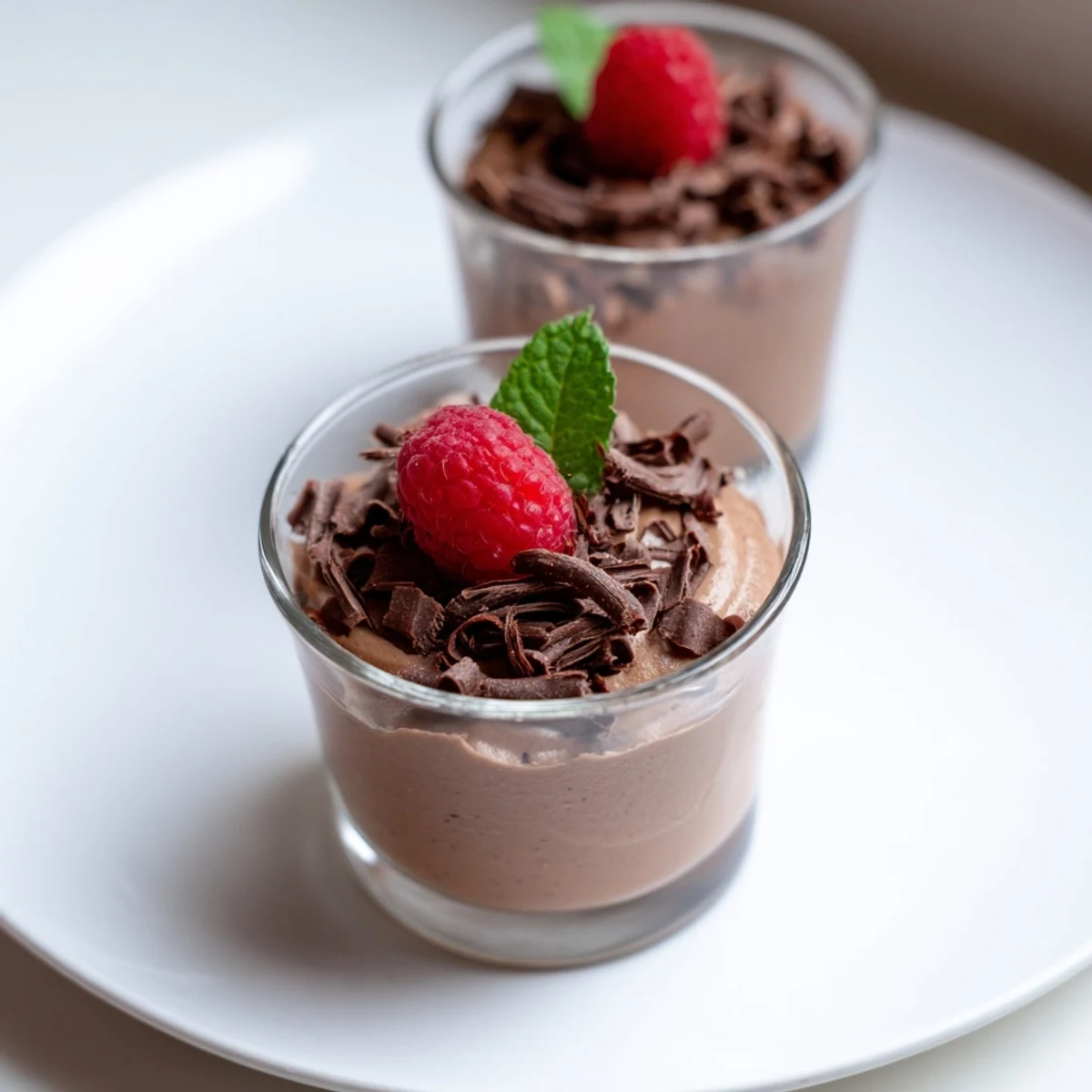 Individual shot glasses filled with creamy chocolate mousse, perfect for a sophisticated dessert party.