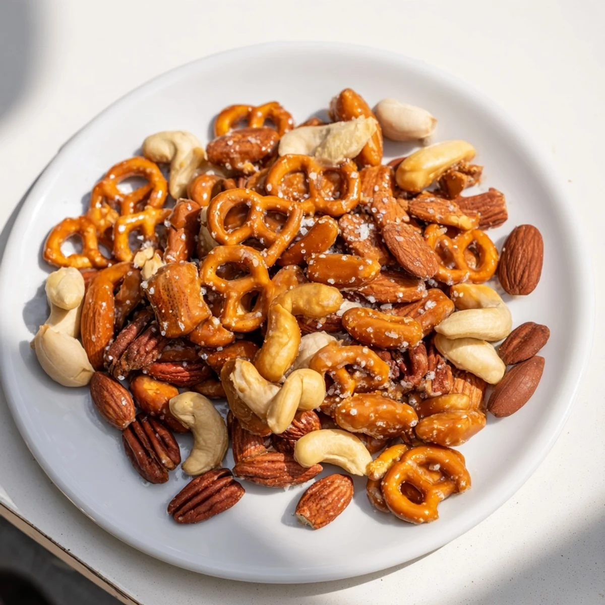 Close-up of freshly baked salted caramel pretzels and nuts, showing a glossy caramel coating.