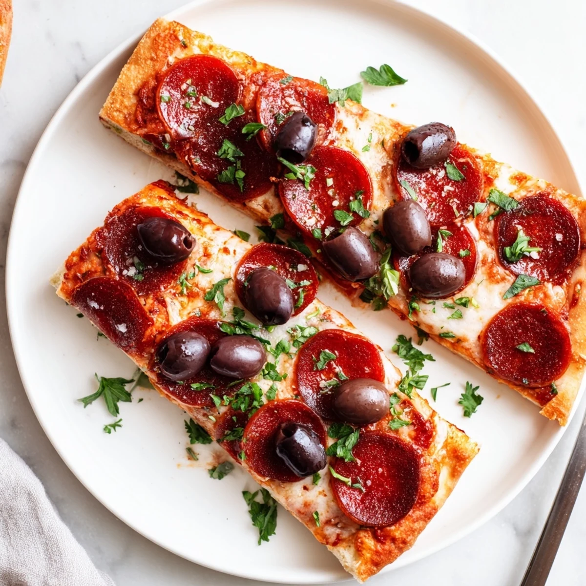 Sliced pepperoni and olive halves appetizer, showcasing savory pepperoni topped with glistening olive halves.