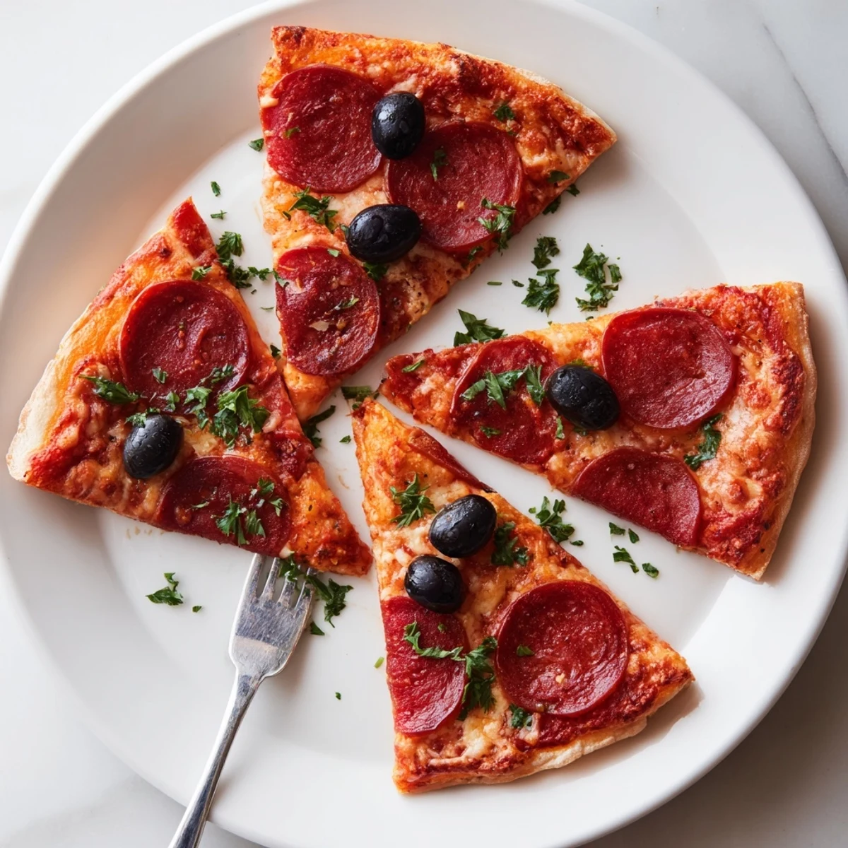 Close-up of ready-to-eat sliced pepperoni and olive halves, a simple, delicious American appetizer.