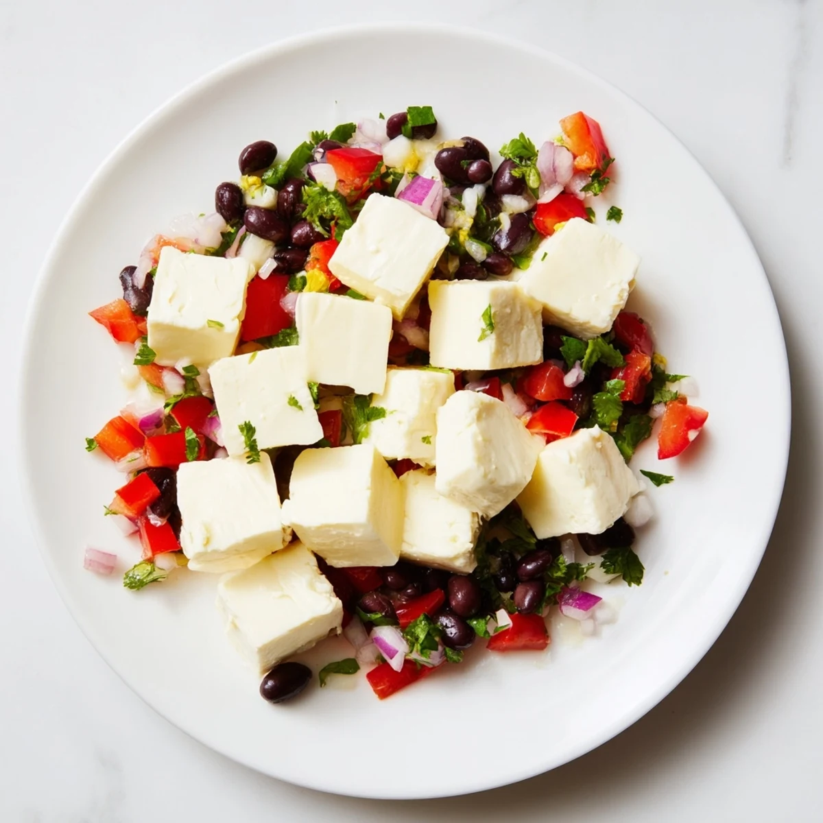 Savory Pepper Jack Cubes arranged with a colorful, fresh black bean salsa ready for serving.