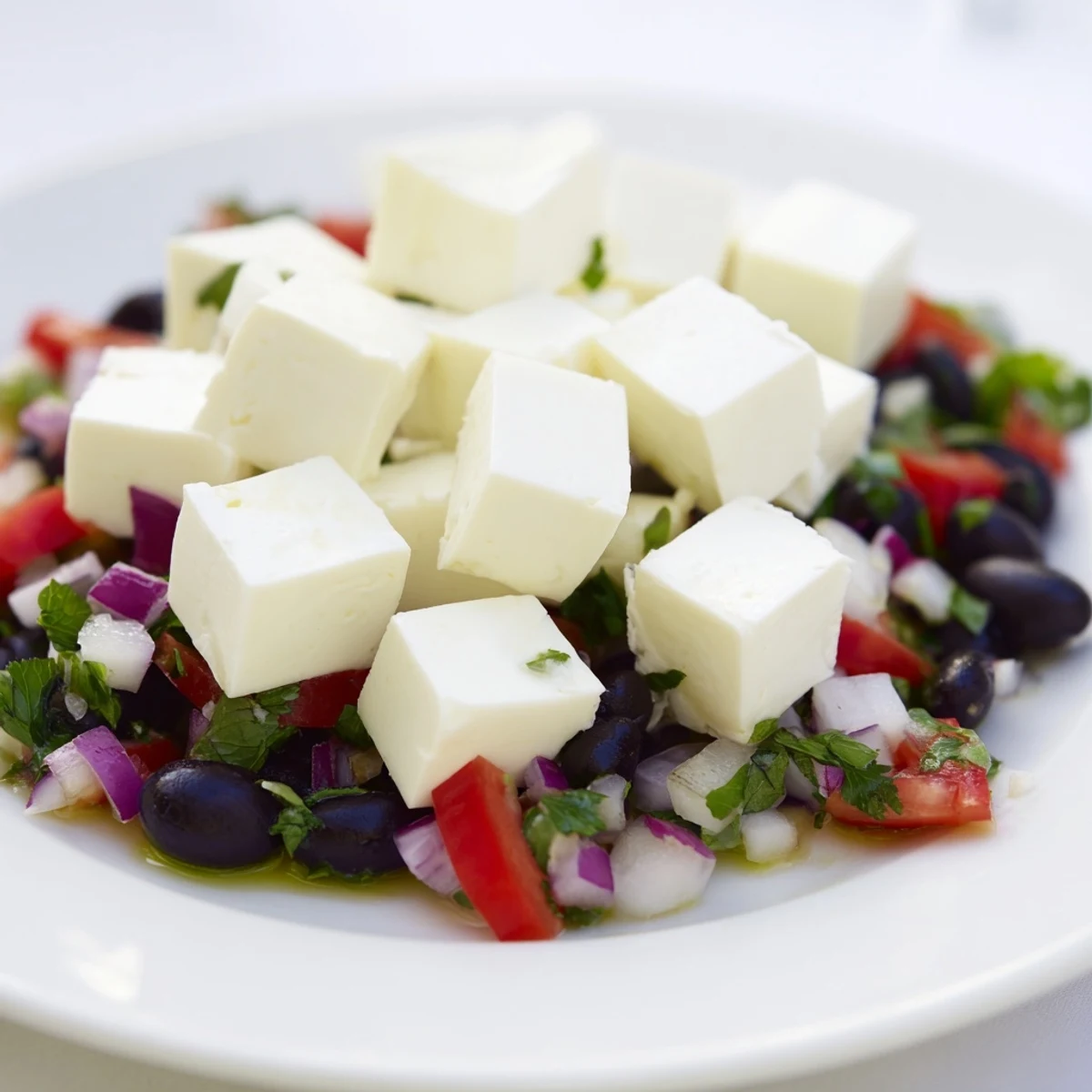 A close-up of Pepper Jack cheese cubes with a fresh, flavorful black bean salsa, ready to eat.
