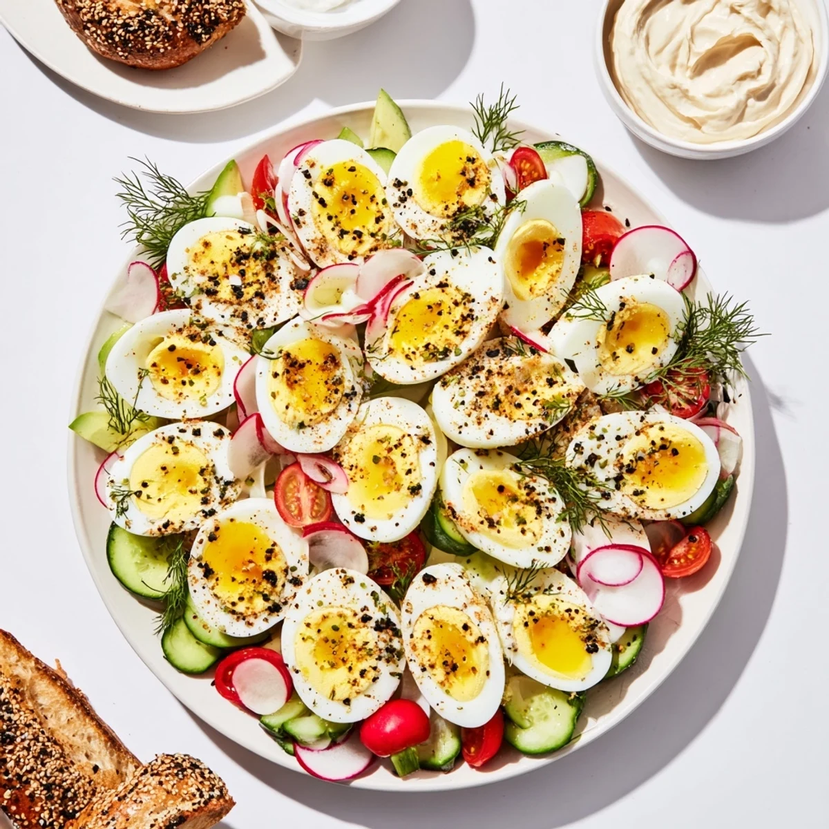 Perfectly sliced hard-boiled eggs with everything bagel seasoning on a vibrant brunch board, ready to serve.
