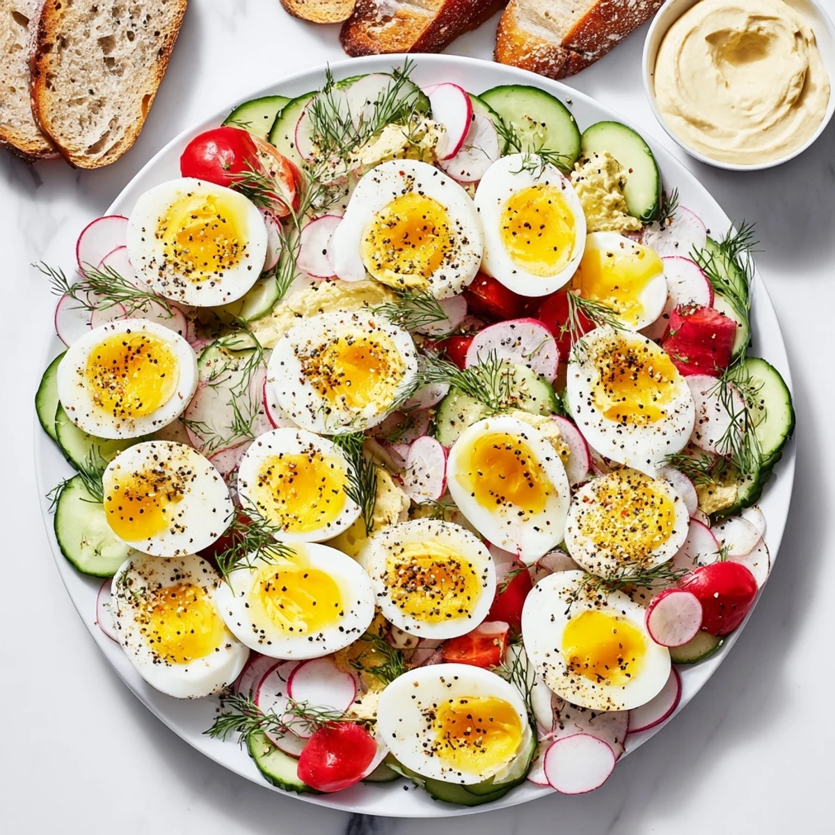 A beautifully arranged brunch board with savory everything bagel seasoned hard-boiled eggs for sharing.