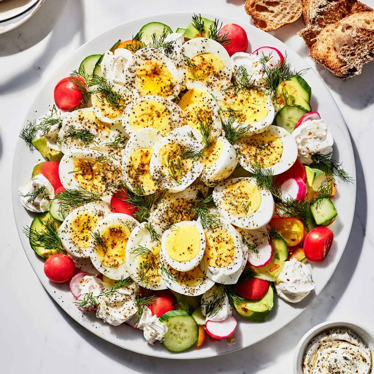 Delicious everything bagel seasoned hard-boiled eggs featured among snacks and spreads on a festive brunch board.