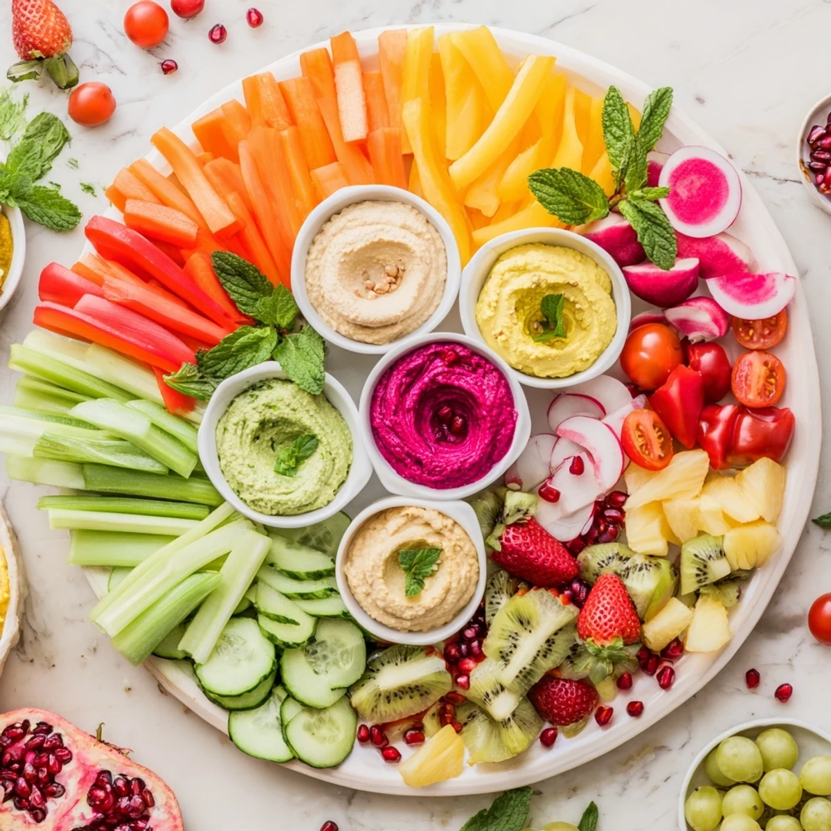 Vibrant Vegan Global Gardener Platter, filled with fresh produce and creamy, plant-based dips.