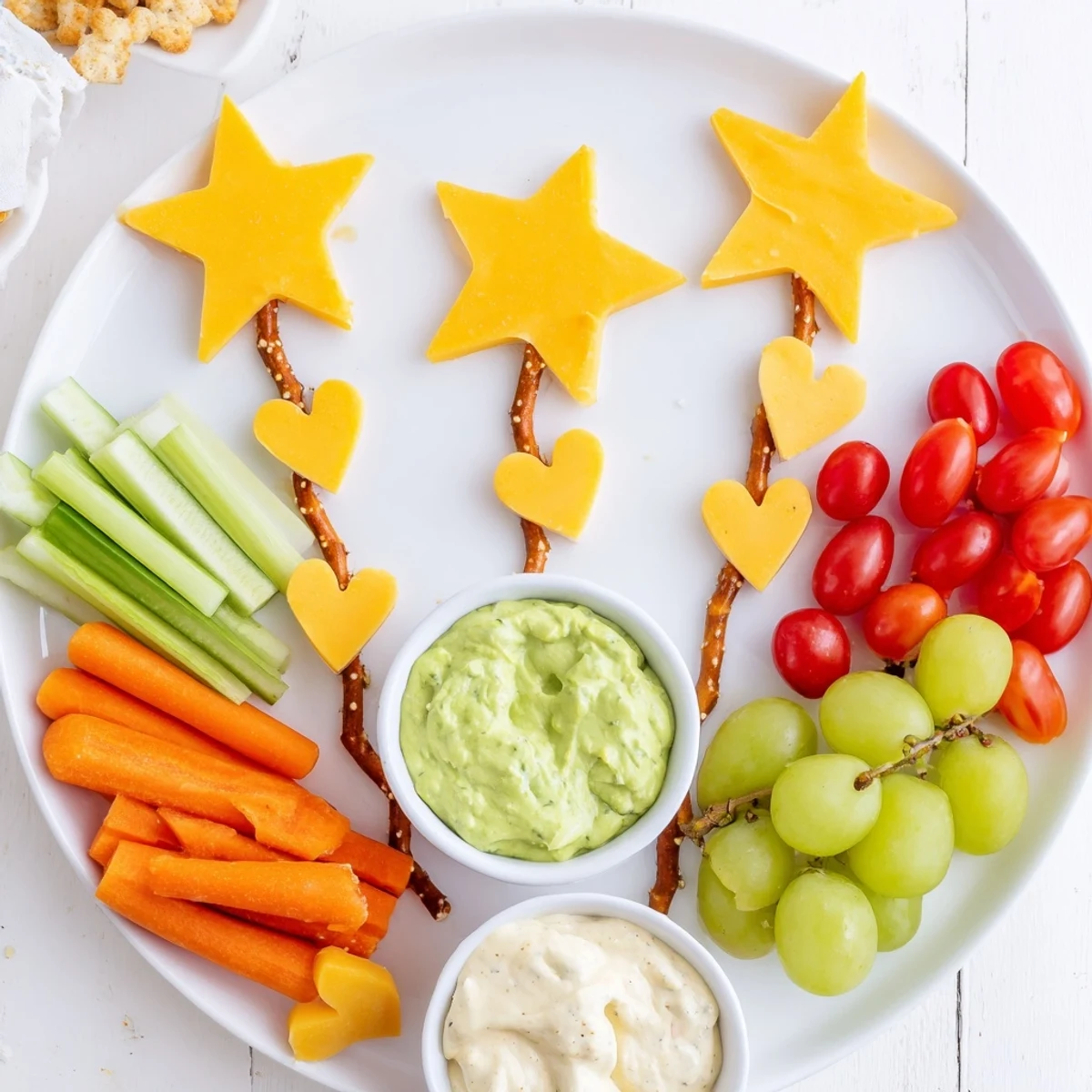 A fun-filled Kids Snack Adventure Map platter with pretzel paths, cheese cutouts, and fresh, vibrant vegetables.