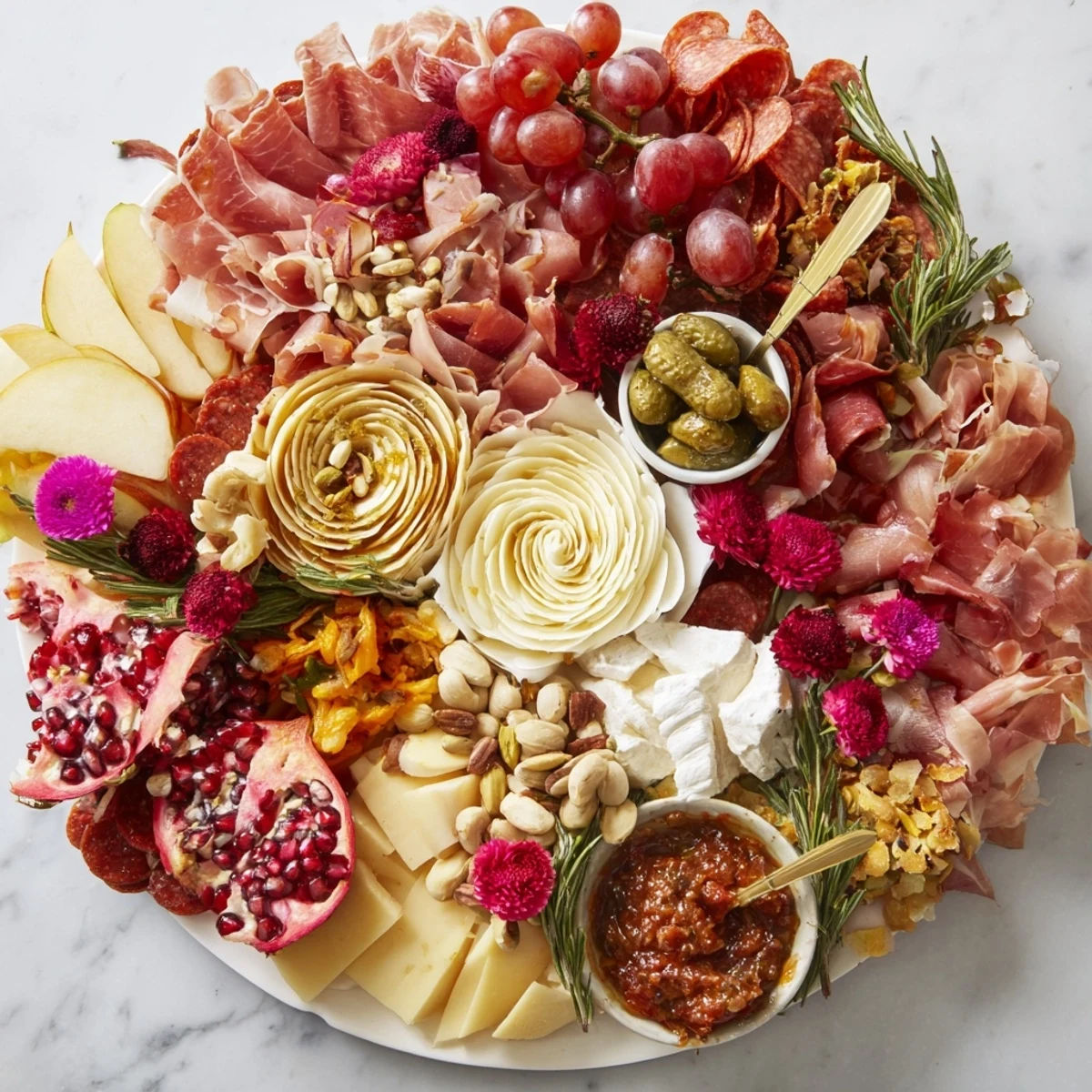 A stunning Advanced Artisan Array charcuterie board laden with meats, cheeses, and colorful garnishes.