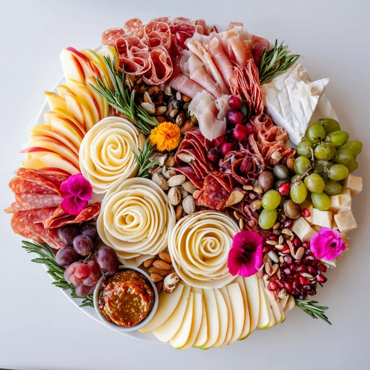 This overflowing Advanced Artisan Array showcases a luxurious spread of cheeses, meats, and accompaniments, ready to serve.