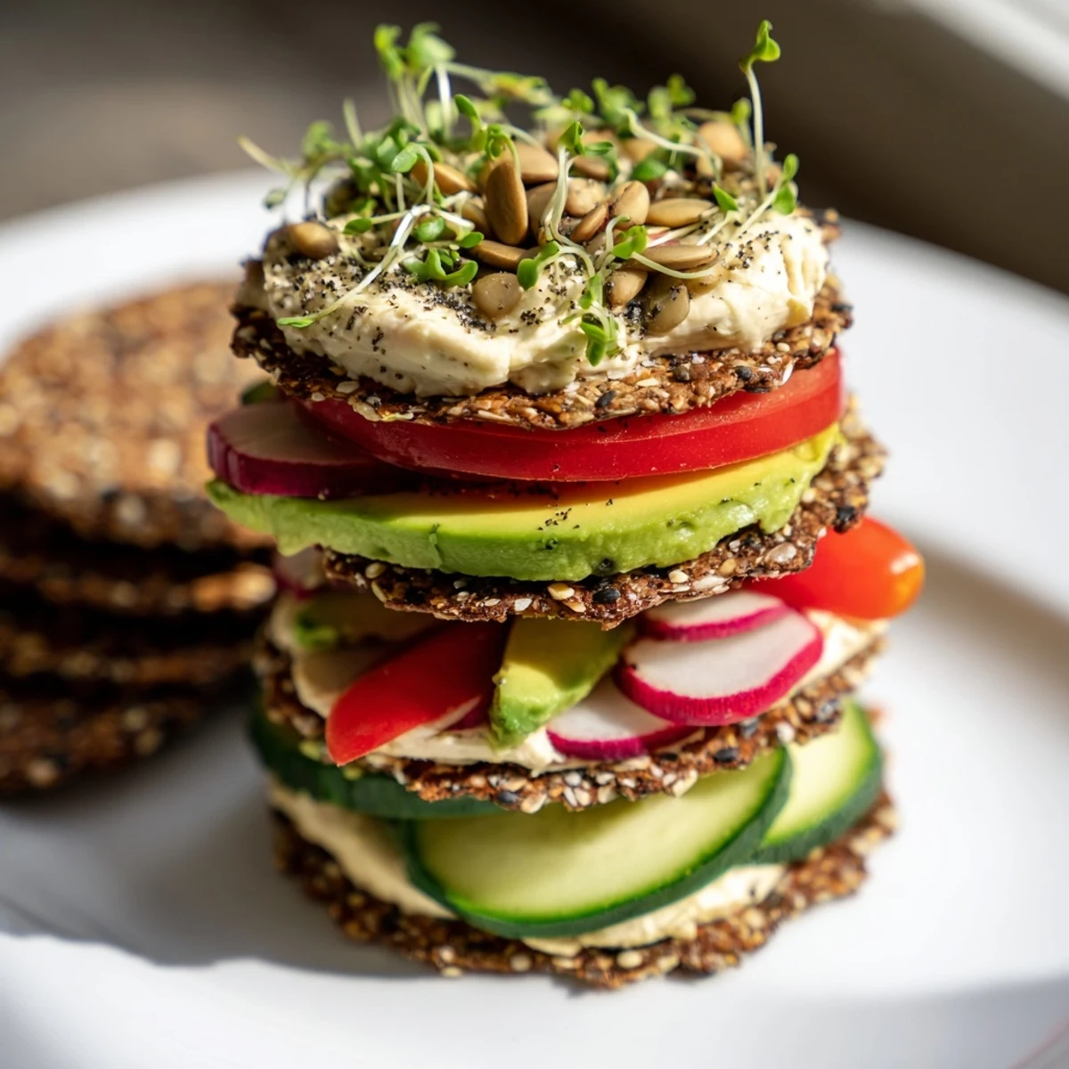 Freshly assembled Gluten-Free Gourmet Tower boasts alternating layers of flavorful toppings and gluten-free delights ready to amaze.