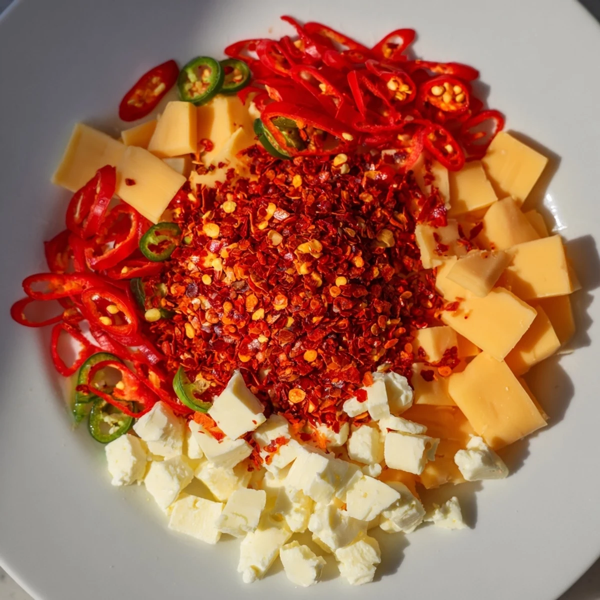 The Spicy Hot Take Platter: A colorful platter of cheeses and hot peppers, ready to be enjoyed.