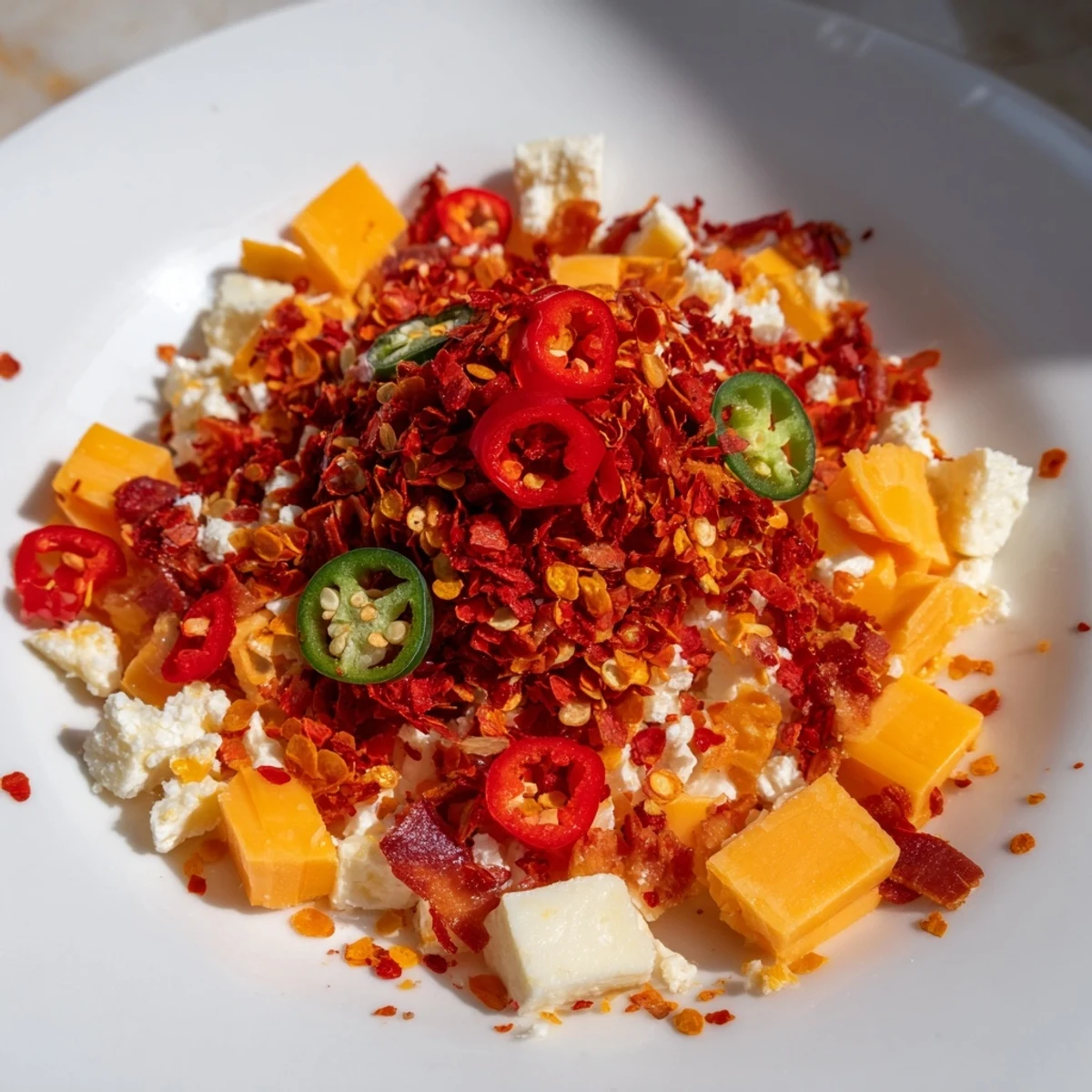 Inviting Spicy Hot Take Platter: Spicy chorizo, fresh veggies, cheese, and a chili pepper core.