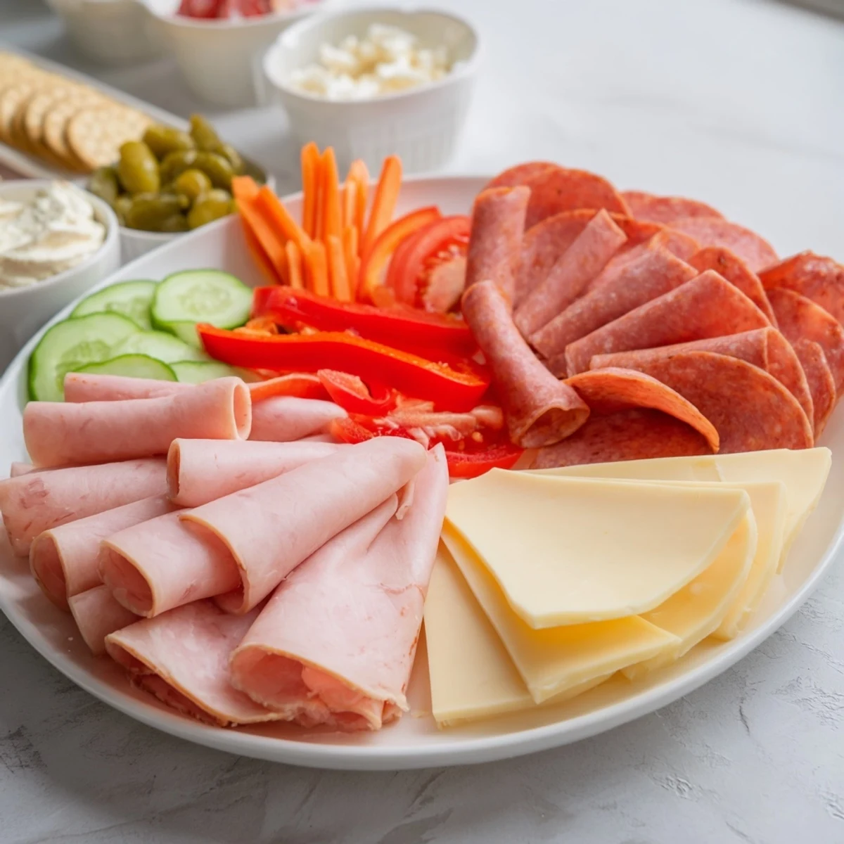 Budget-Friendly Family Spread offering various cheeses, meats, and vibrant vegetables, ready for easy sharing and enjoyment.