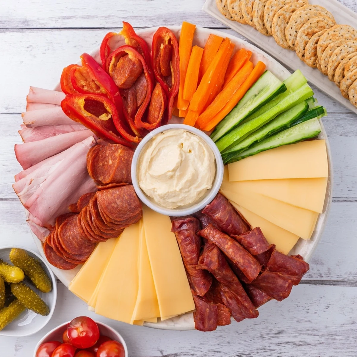 A delicious Budget-Friendly Family Spread featuring ham, salami, cheddar, and fresh veggies to create a colorful appetizer.