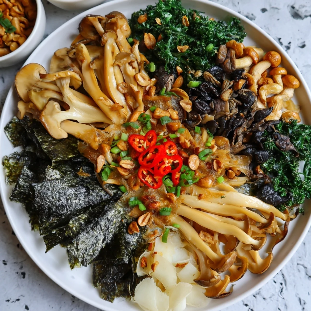 A beautiful Umami Bomb Asian Delight appetizer board overflowing with earthy mushrooms and vibrant garnishes.