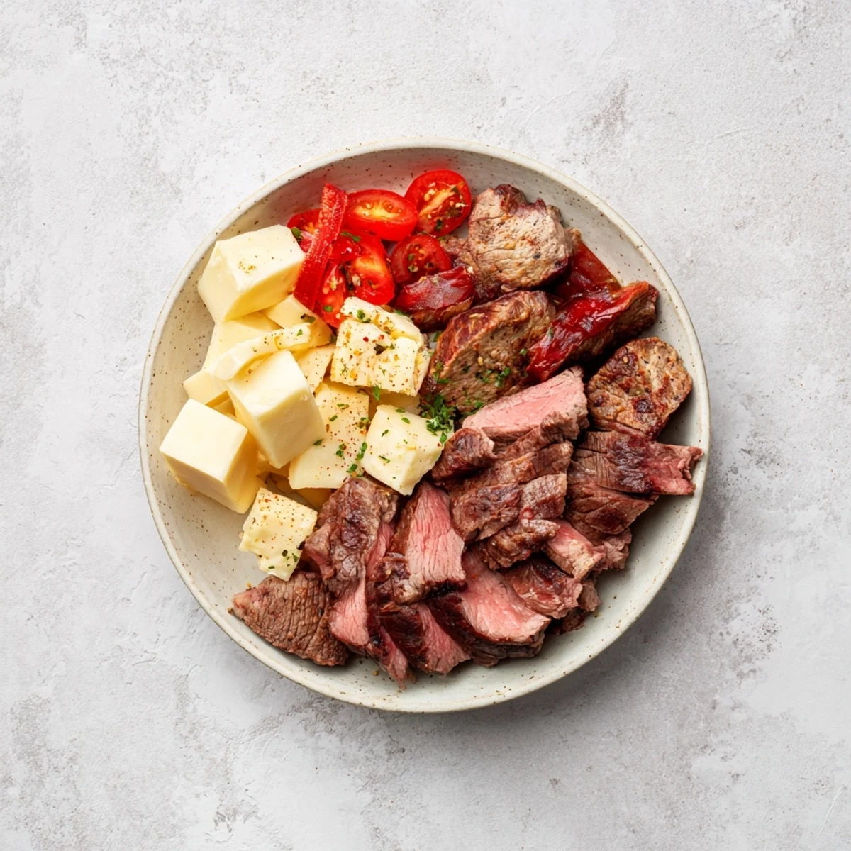 This keto power plate showcases fresh ingredients, like salami, cheddar, and crisp bell peppers, ready to eat now.