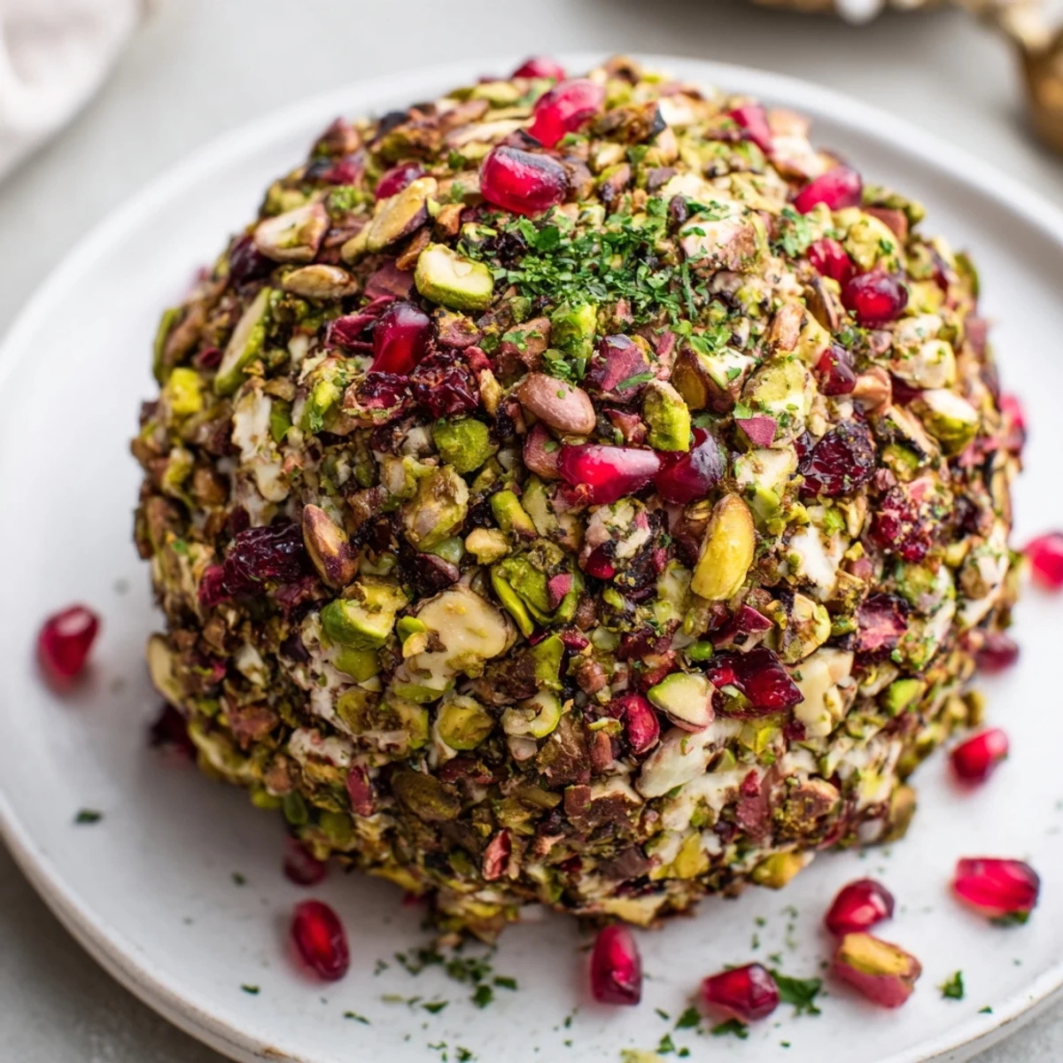 A jewel-toned Royal Orb cheese ball, creamy and savory, encrusted with pistachios and pomegranate.