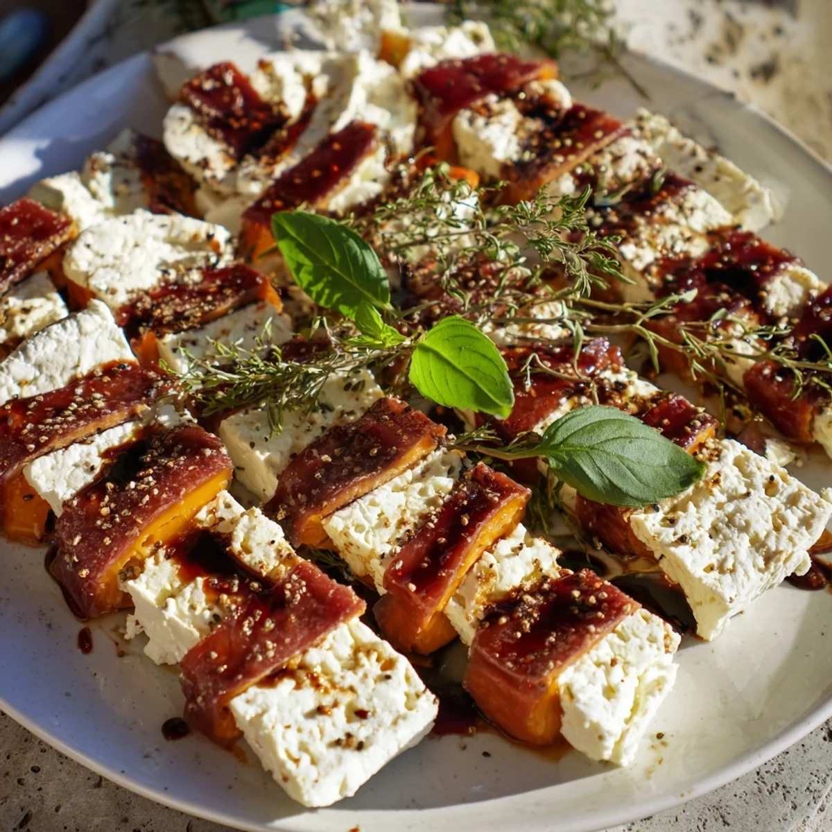 The Safari Stripes appetizer platter showing stunning rows of cheeses and savory balsamic meats.