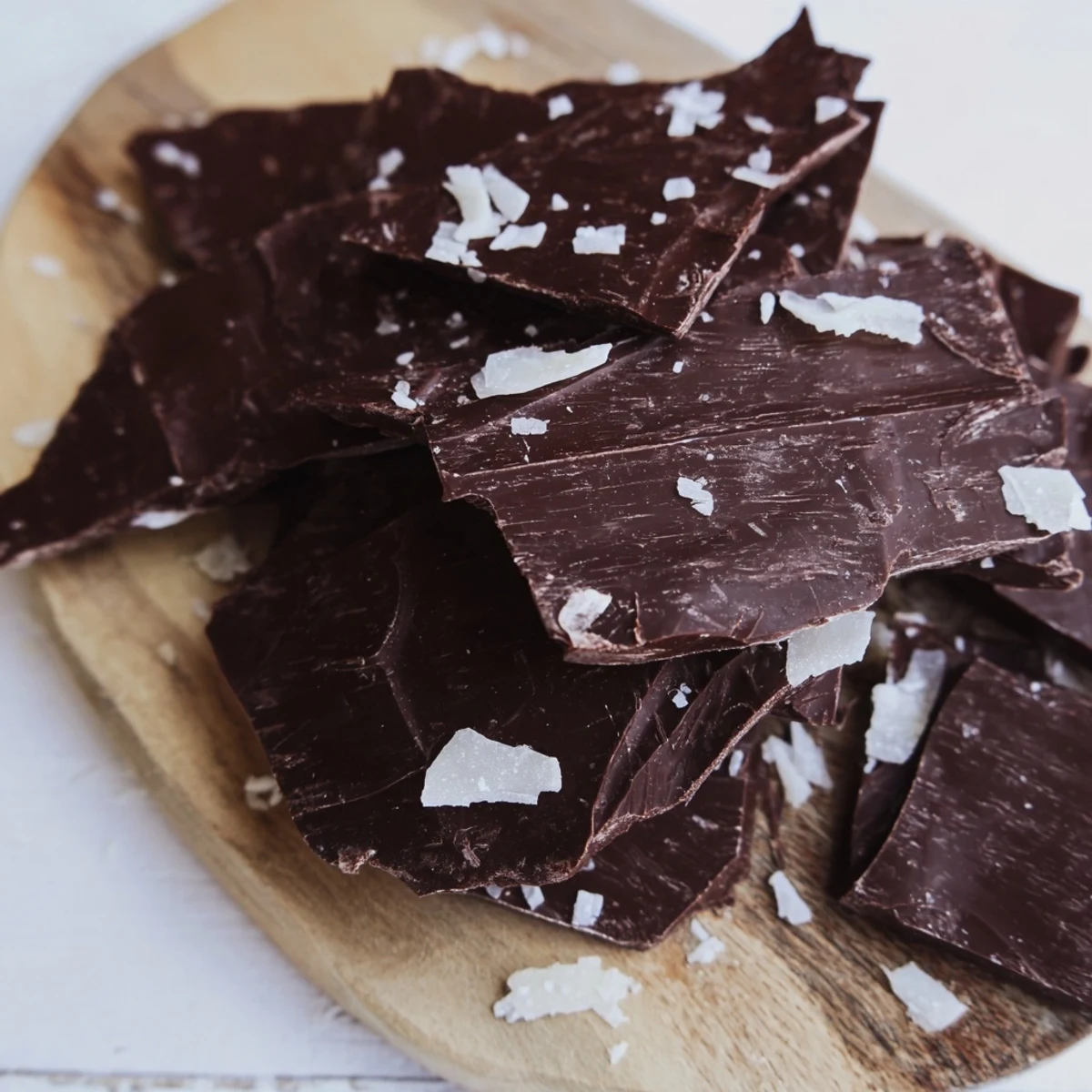 Elegant Arctic Tundra dessert: white chocolate ice sheets and salty Parmesan shards on a wooden board.