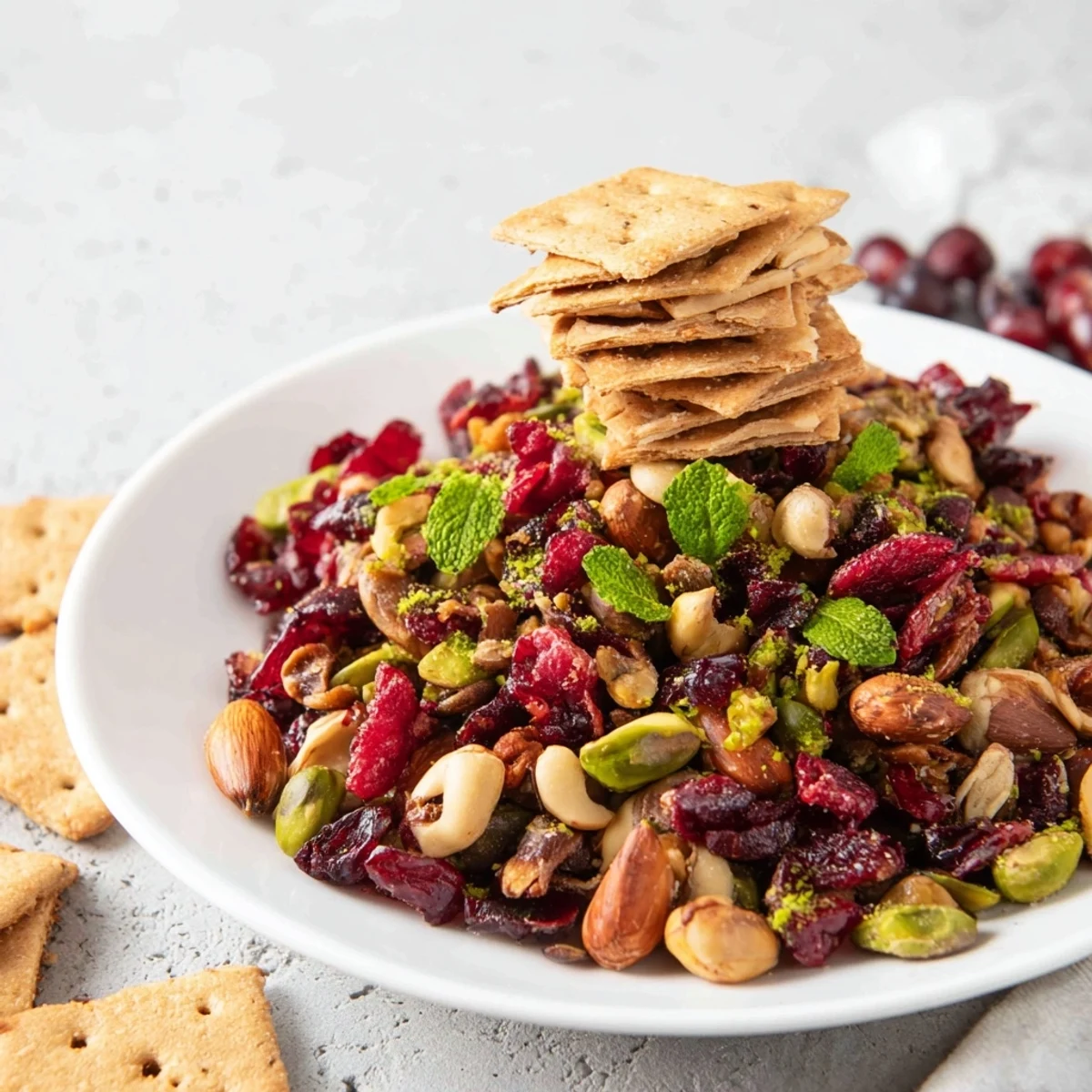 A visually appealing "Picket Fence" snack platter with hearty crackers and a berry-nut medley.