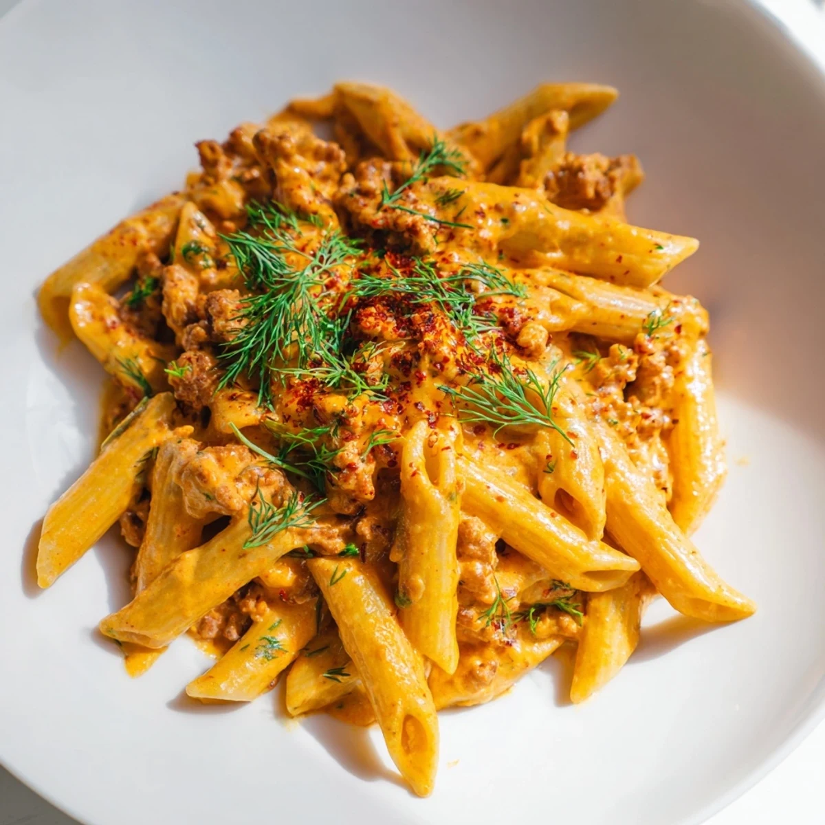 Steaming Turkish Pasta with Ground Turkey, generously drizzled with paprika butter and fresh herbs.