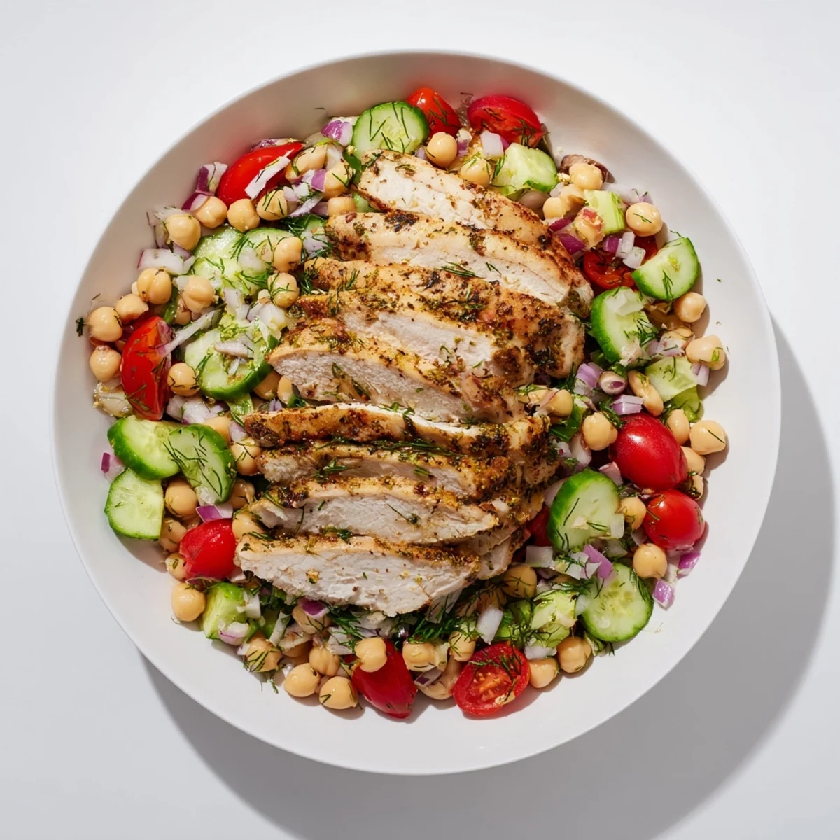 A close-up of the Dense Bean Salad with Lemon-Dill Chicken—a flavorful, protein-packed Mediterranean delight.