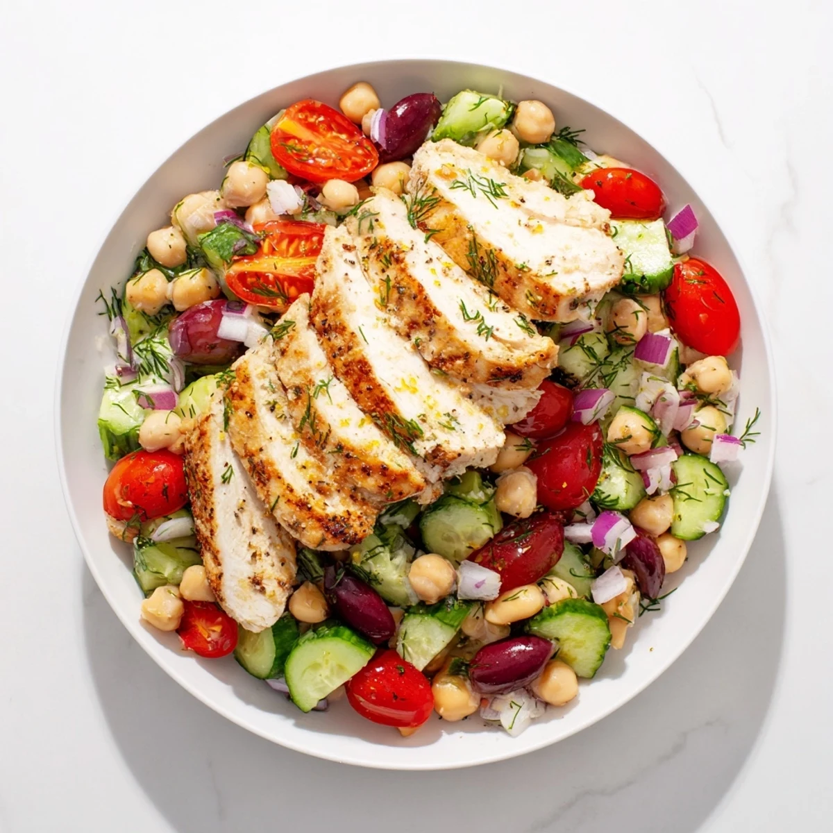 This vibrant Dense Bean Salad with Lemon-Dill Chicken features tender shredded chicken and fresh vegetables.