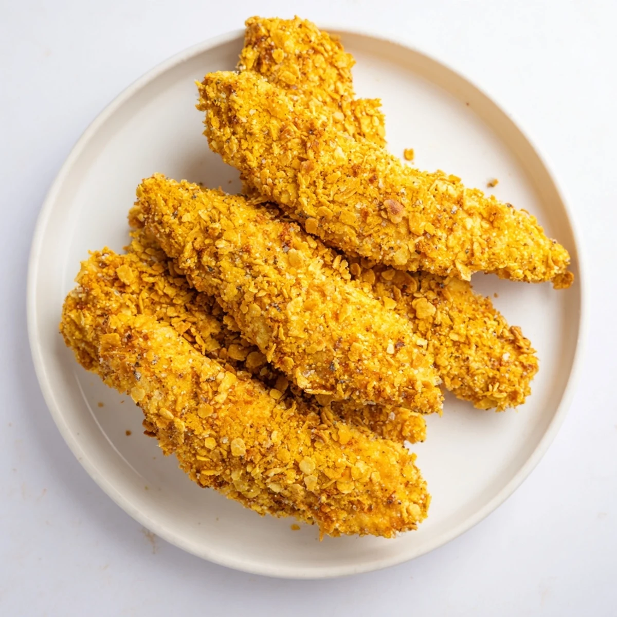 Golden-brown crispy onion chip chicken tenders, perfect for dipping, freshly baked and ready to enjoy.