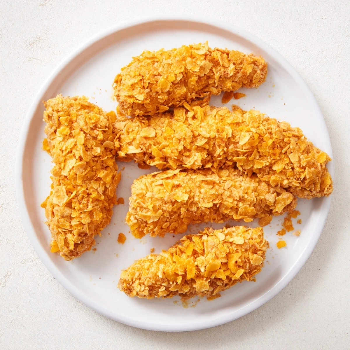 A close-up of crunchy, golden crispy onion chip chicken tenders, boasting a delicious flavor and texture.