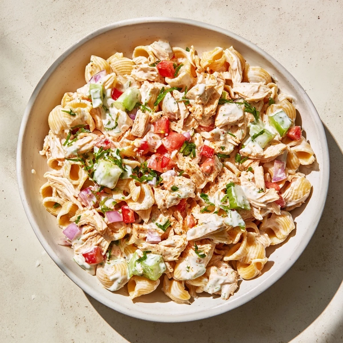 Chicken Macaroni Holiday Salad, showcasing creamy macaroni, chicken, and colorful veggies, chilled and ready.