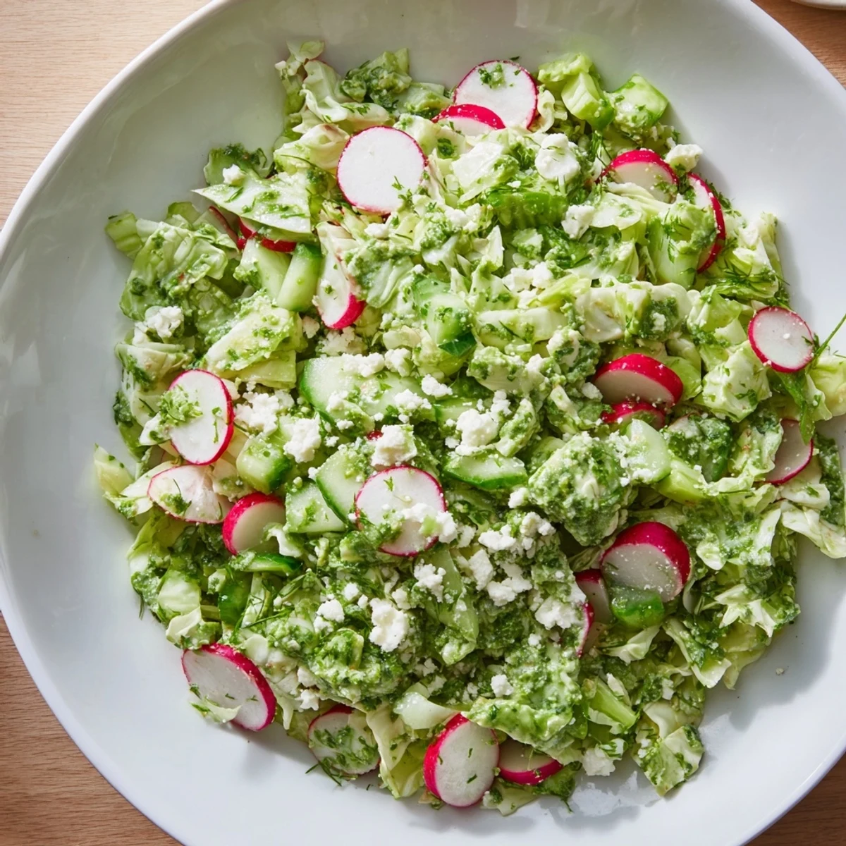 Creamy Green Goddess Cabbage Dip, a vibrant appetizer, features fresh vegetables coated in dressing.