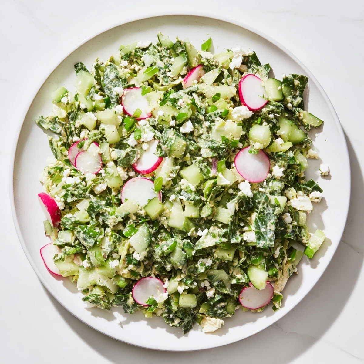 Close-up of Green Goddess Cabbage Dip, a colorful mix of chopped cabbage and creamy green dressing; yum!