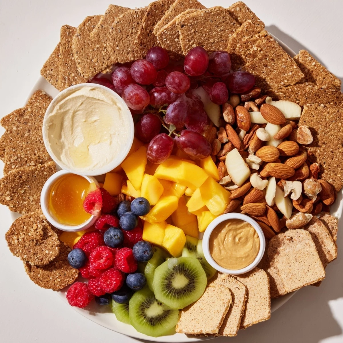 A vibrant Hidden Oasis appetizer featuring colorful fruits, creamy dips, and crunchy crackers.