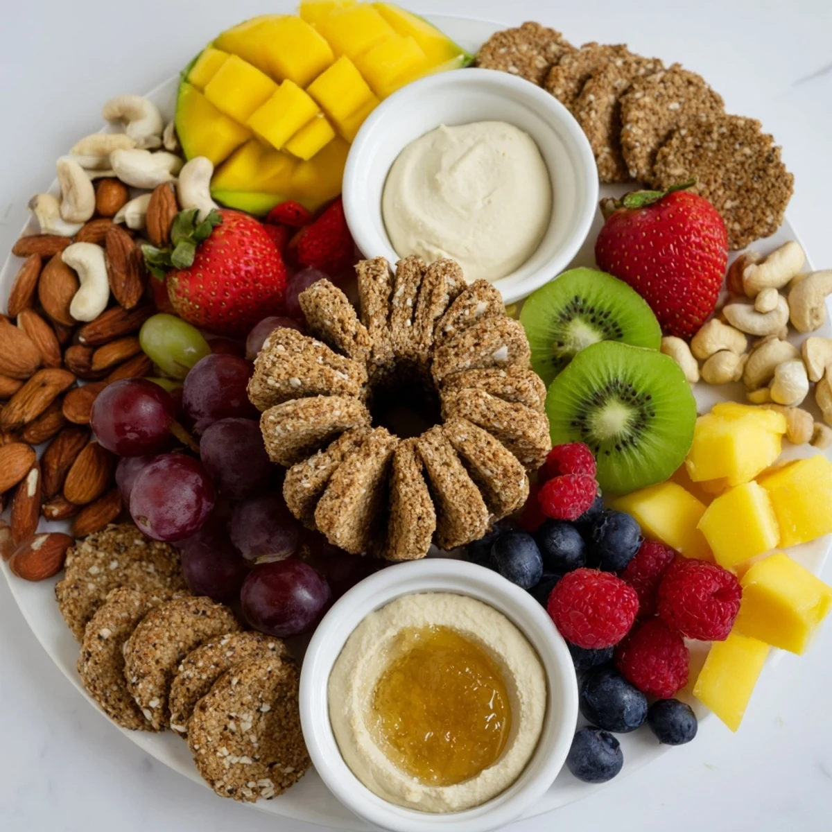 The Hidden Oasis: a beautiful platter of fresh fruits, nuts, and dips perfect for snacks.