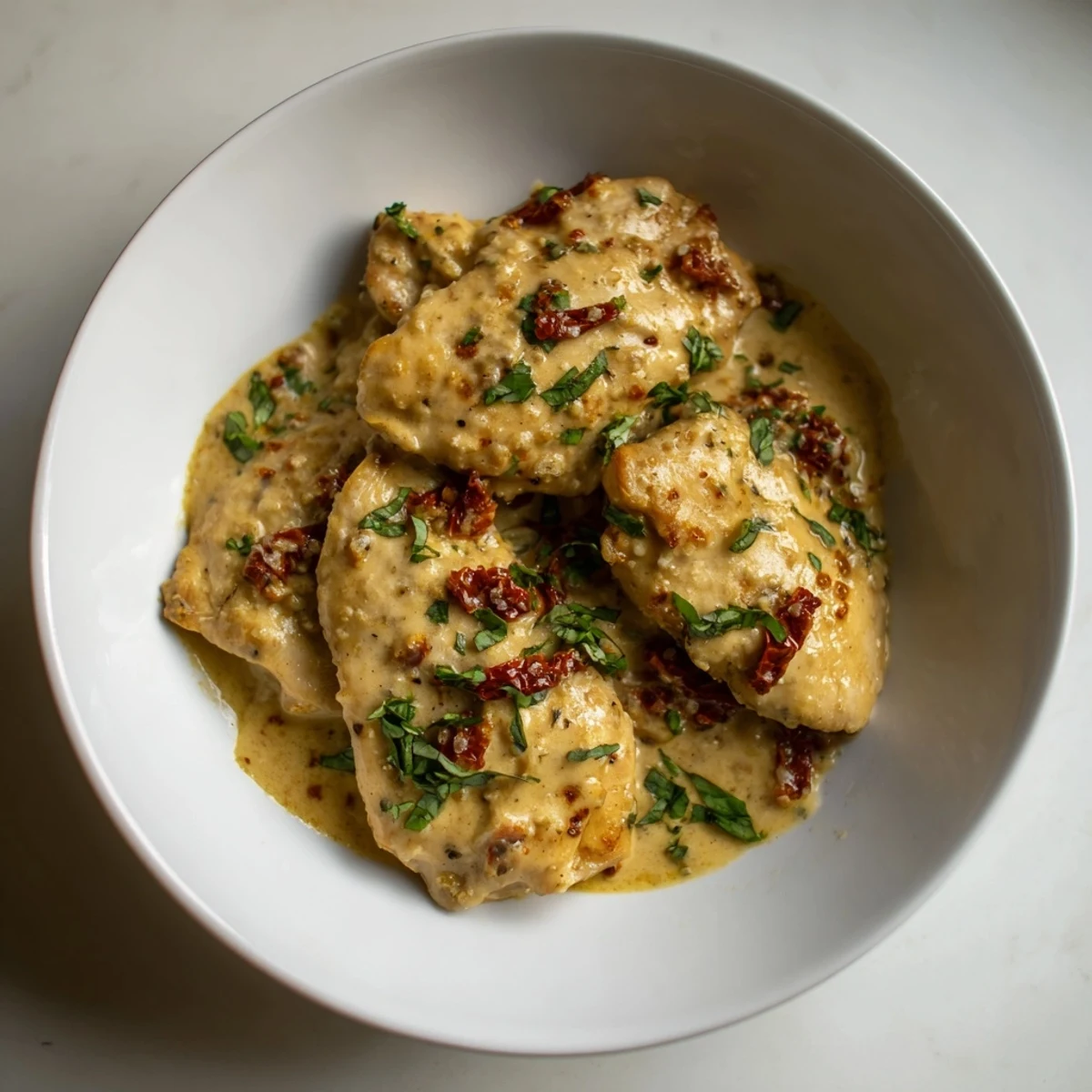 Creamy Sun-Dried Tomato Chicken Skillet, a rich, flavorful dinner with tender chicken in a vibrant sauce.