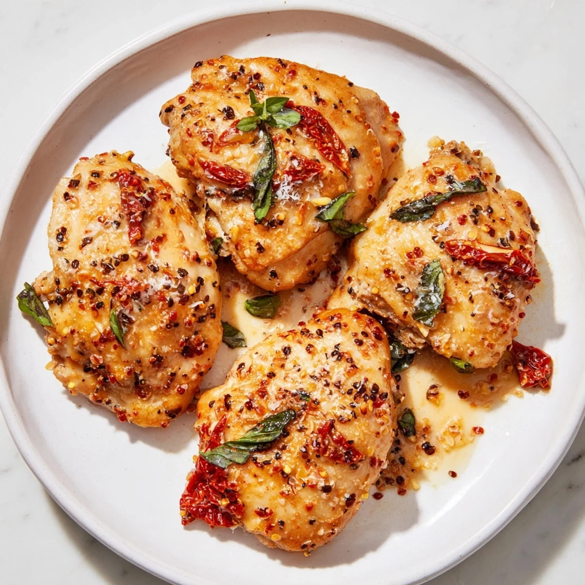 Golden-brown chicken breasts in a Creamy Sun-Dried Tomato Chicken Skillet, swimming in a creamy sauce with herbs.