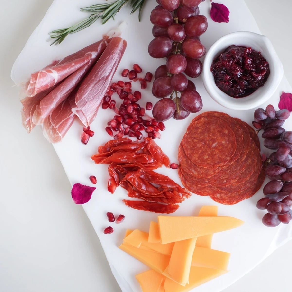A luxurious Crimson Crest charcuterie board brimming with red meats and wine-soaked cheeses.
