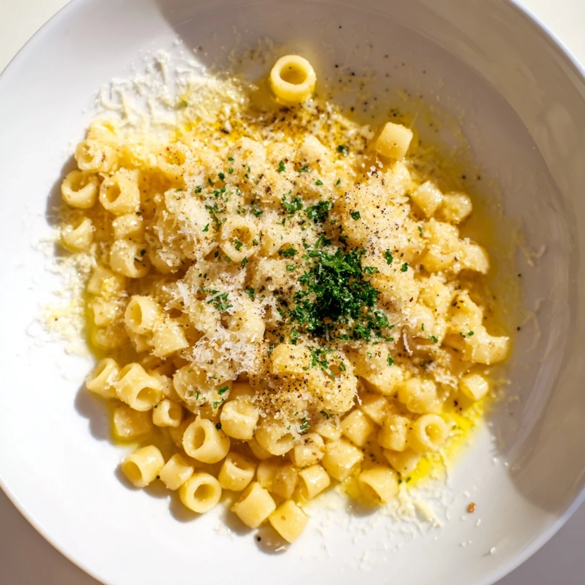 Steaming bowl of one-pot garlic butter ditalini, glistening with melted Parmesan cheese and fresh parsley.