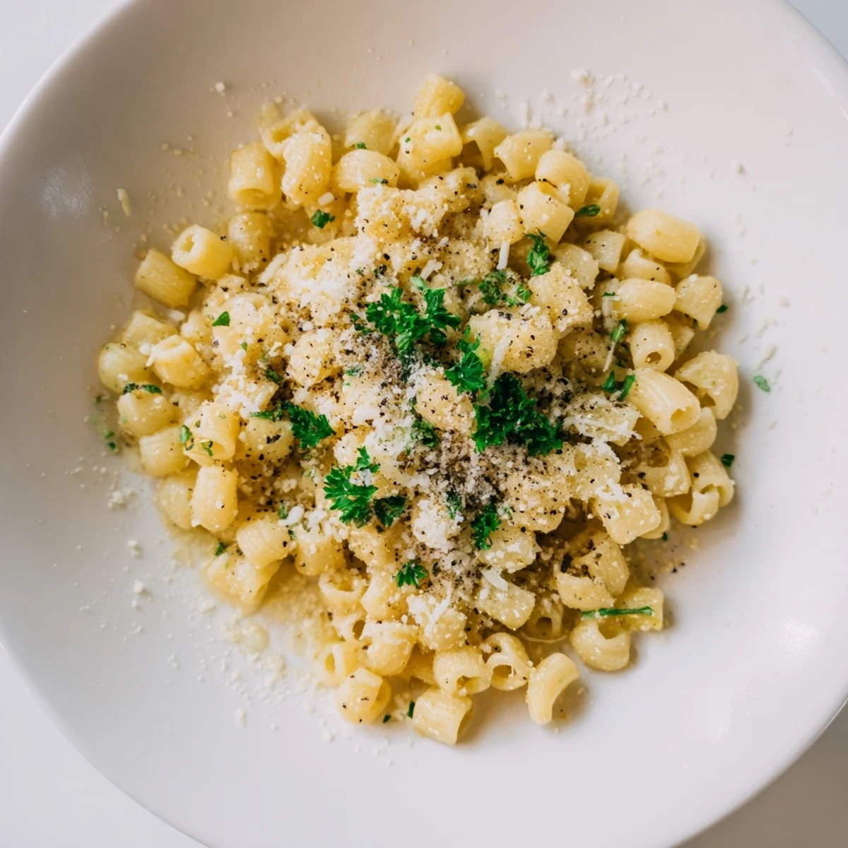 Golden strands of ditalini pasta in one-pot garlic butter sauce, ready to be served and enjoyed.