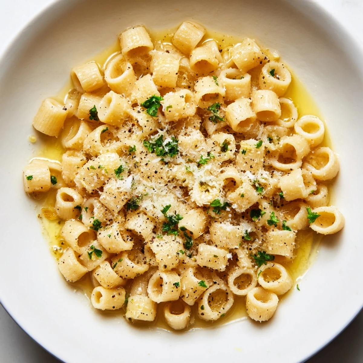 A close-up shot of creamy one-pot garlic butter ditalini, studded with fragrant garlic and herbs.