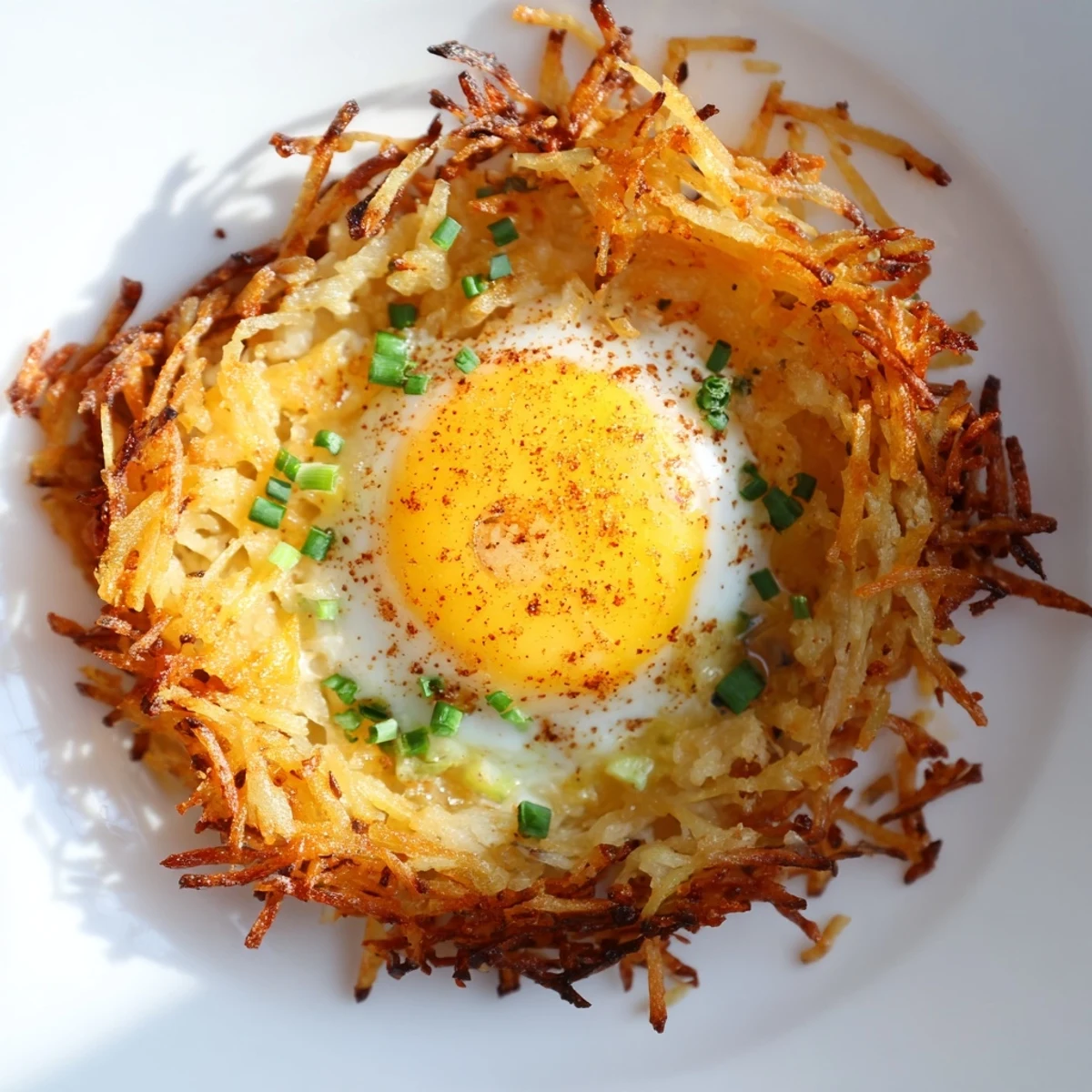 Golden brown Crispy Hashbrown Egg Nests, baked potato cups with a runny yolk and cheesy topping.
