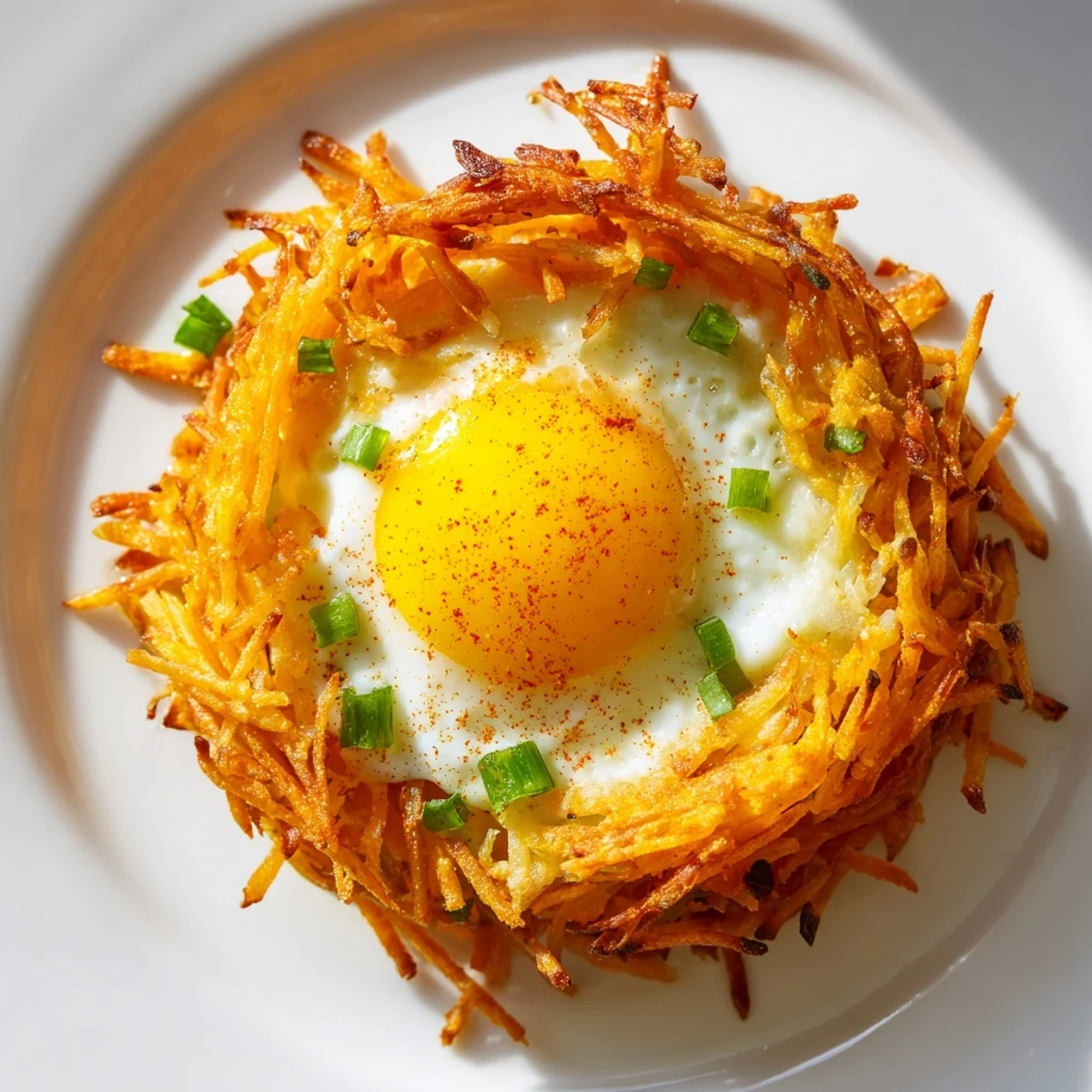 Perfectly formed Crispy Hashbrown Egg Nests with a golden crust and a melty cheddar cheese center.