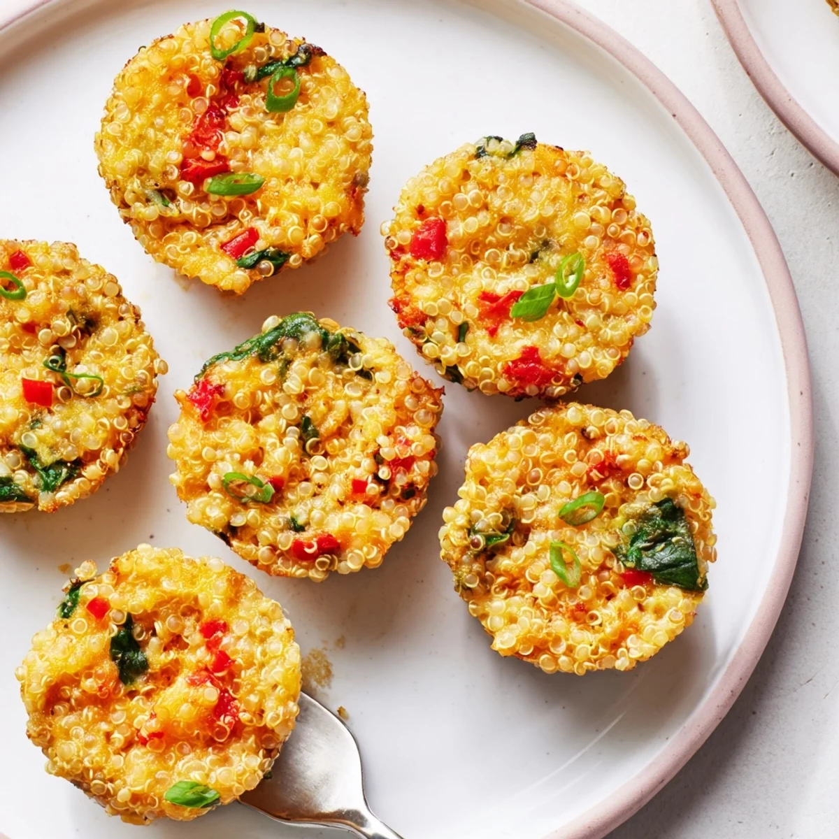 These cheesy Baked Cheddar Quinoa Bites are served warm, offering a satisfying textured appetizer.