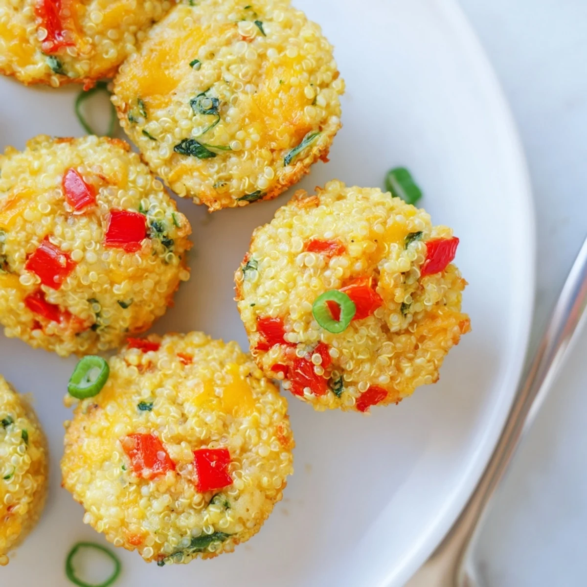 Golden brown Baked Cheddar Quinoa Bites filled with vibrant veggies, perfect for a healthy snack.