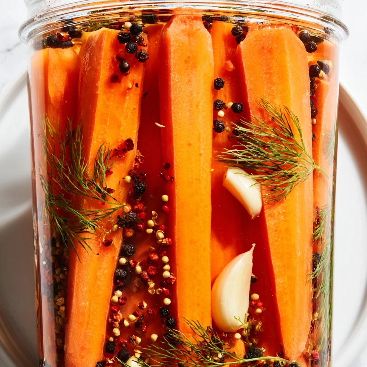Crisp, vibrant Quick Pickled Carrot Spears with garlic and dill, a refreshing snack.