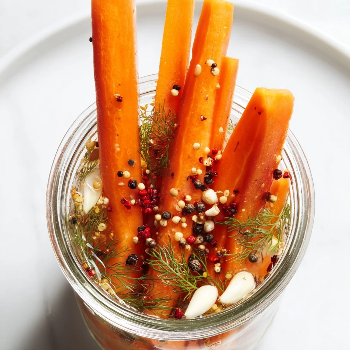 Close-up of tangy Quick Pickled Carrot Spears, perfect for adding zest to any meal.