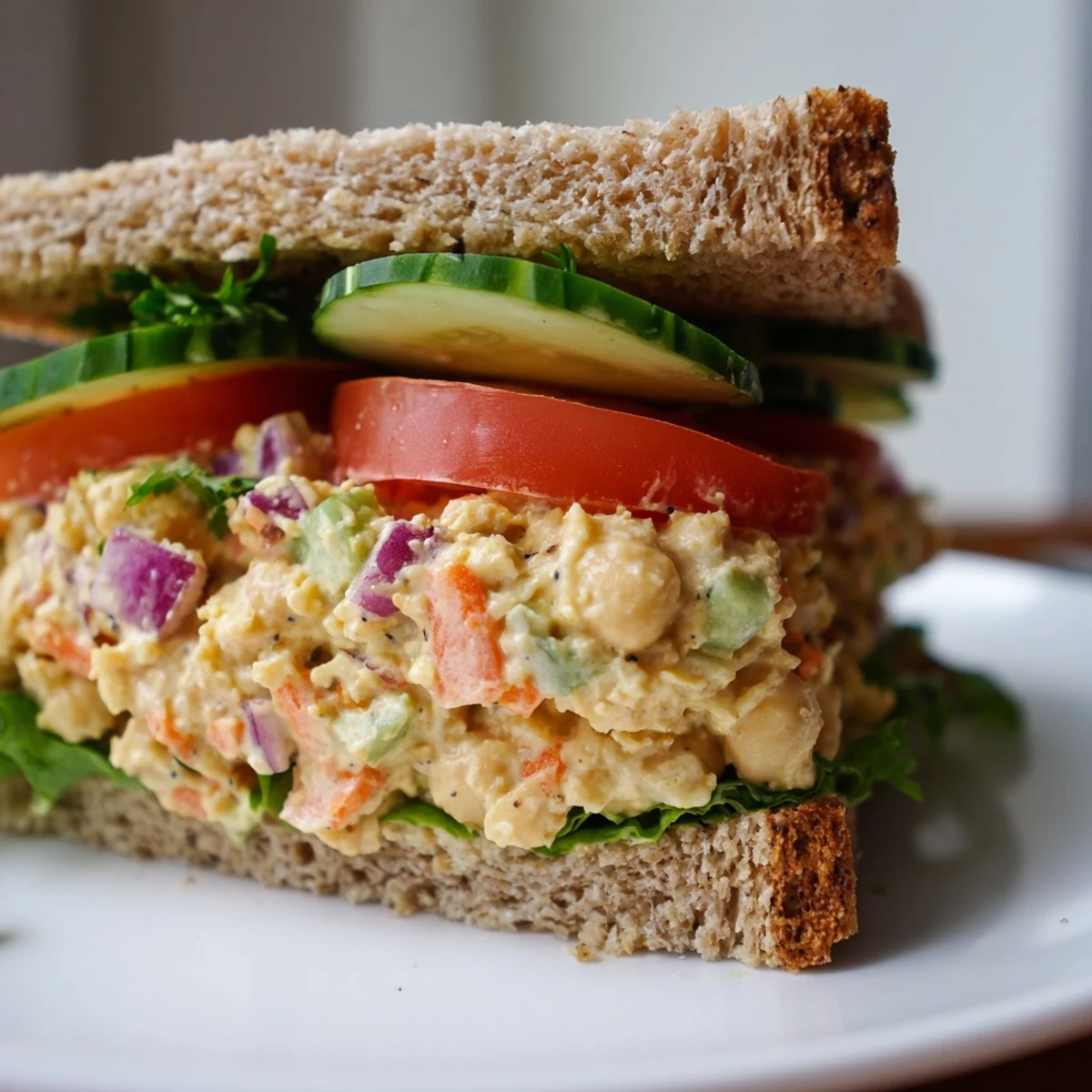A delicious, close-up view of a freshly made Easy Chickpea Salad Sandwich, ready to eat.