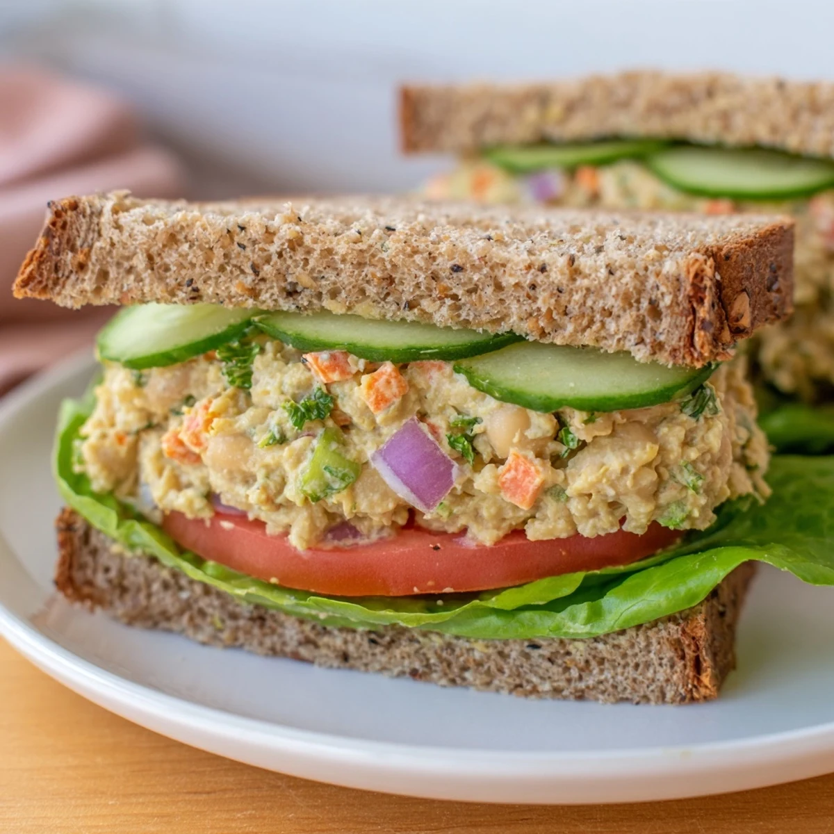 Bright, colorful layers of vegetables and chickpea salad fill this Easy Chickpea Salad Sandwich, perfect for lunch.