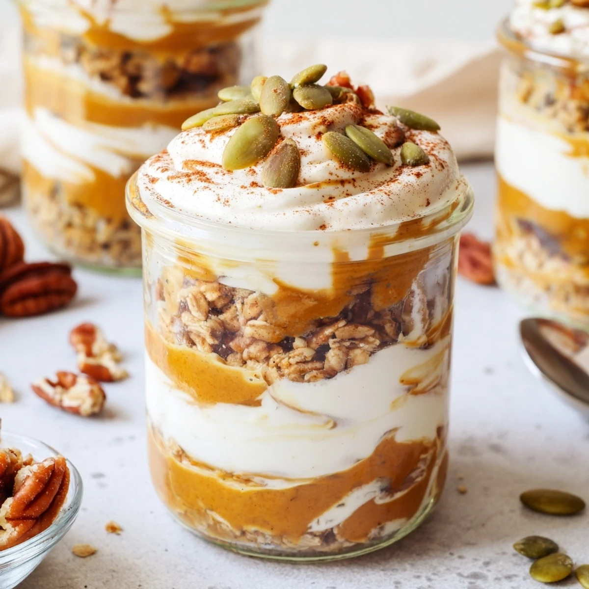 A layered Pumpkin Yogurt Parfait, showing swirls of pumpkin and creamy yogurt topped with crunchy granola.