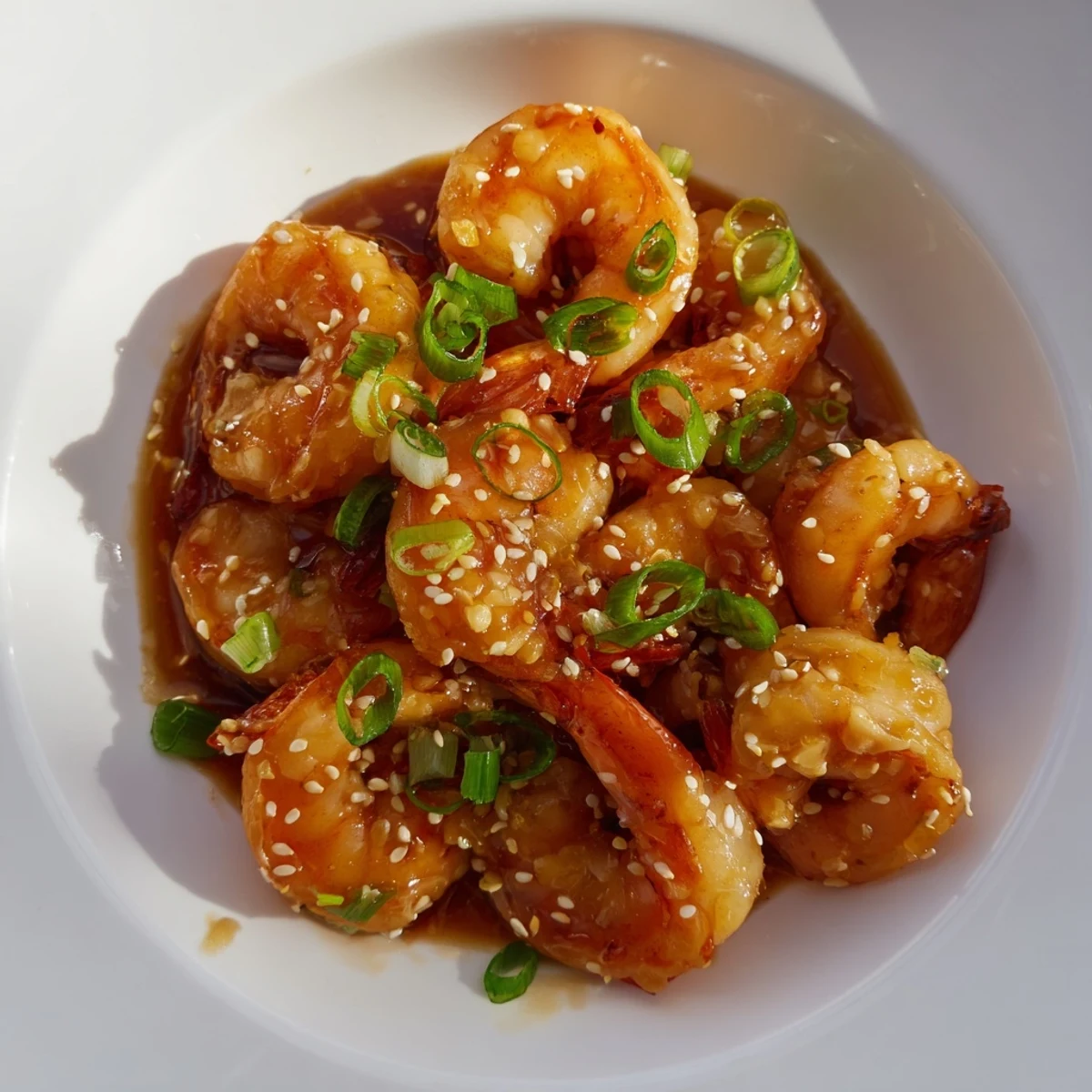 Golden-brown Honey Garlic Shrimp glistening in a skillet ready for a delicious, quick dinner that is ready.